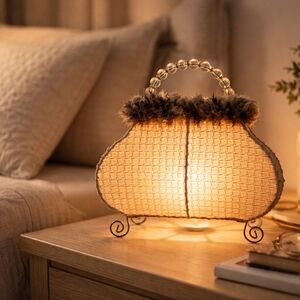Vintage Purse-Shaped Table Lamp Beaded Handle Feather Trim around top Nightlight